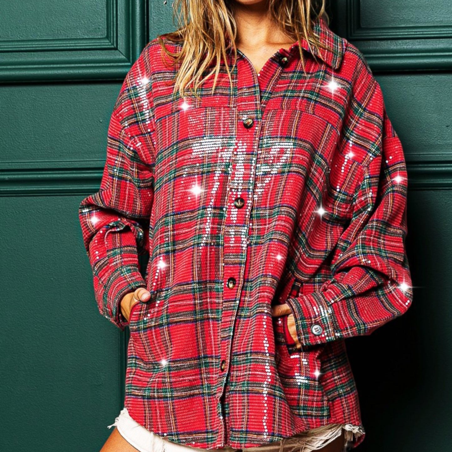Red Sequin Plaid Shirt