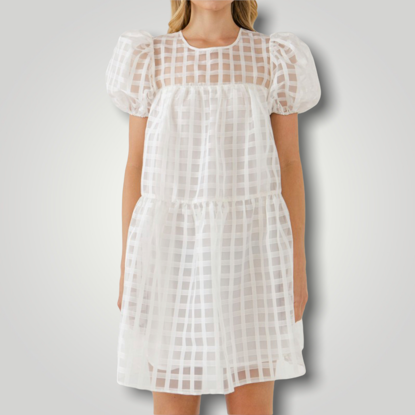 White Gridded Puff Sleeve Dress
