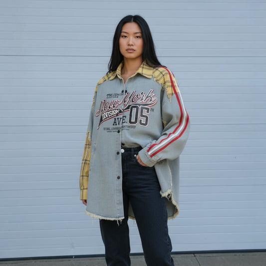 Street Style Denim Patchwork Button Up