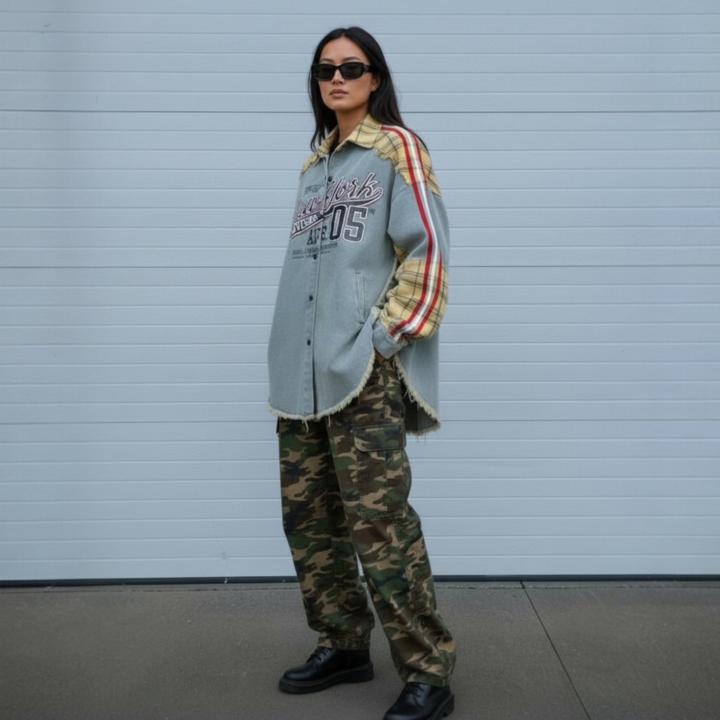 Street Style Denim Patchwork Button Up