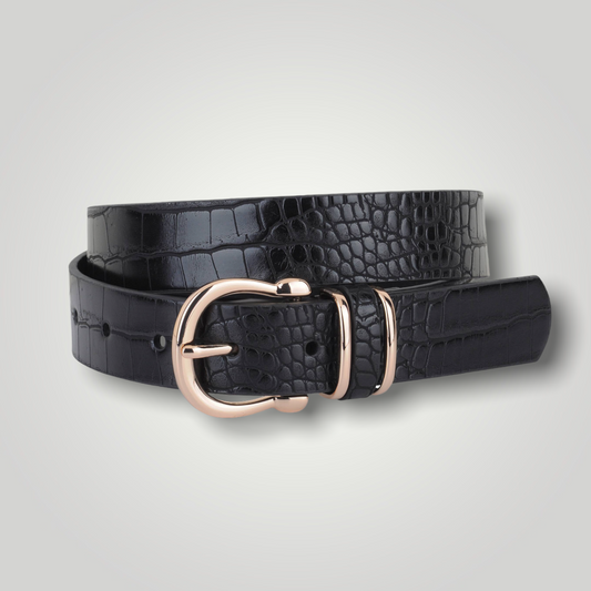 Black Croc Print Leather Belt With Gold Buckle